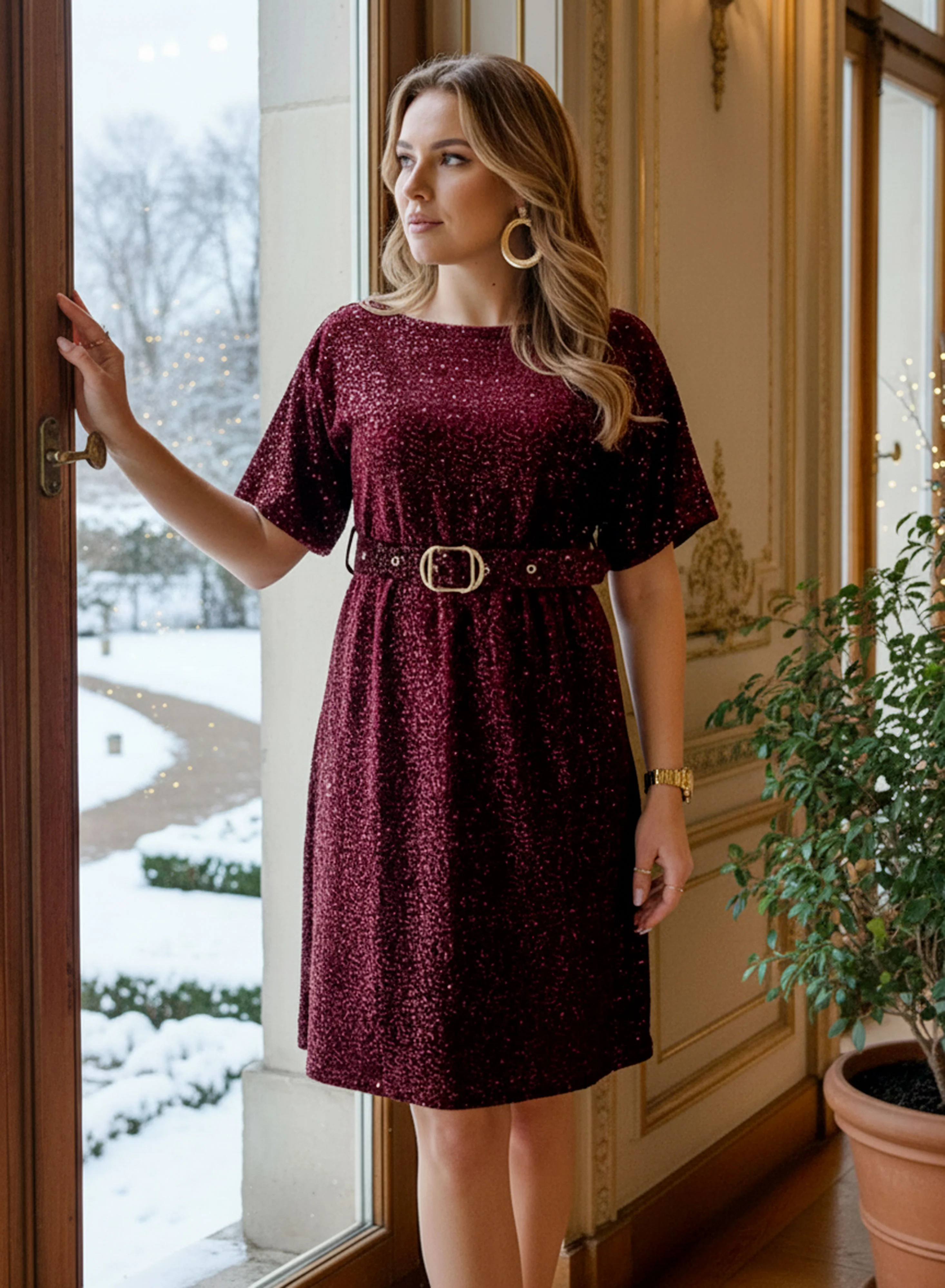 Abito bordeaux in paillettes con cintura