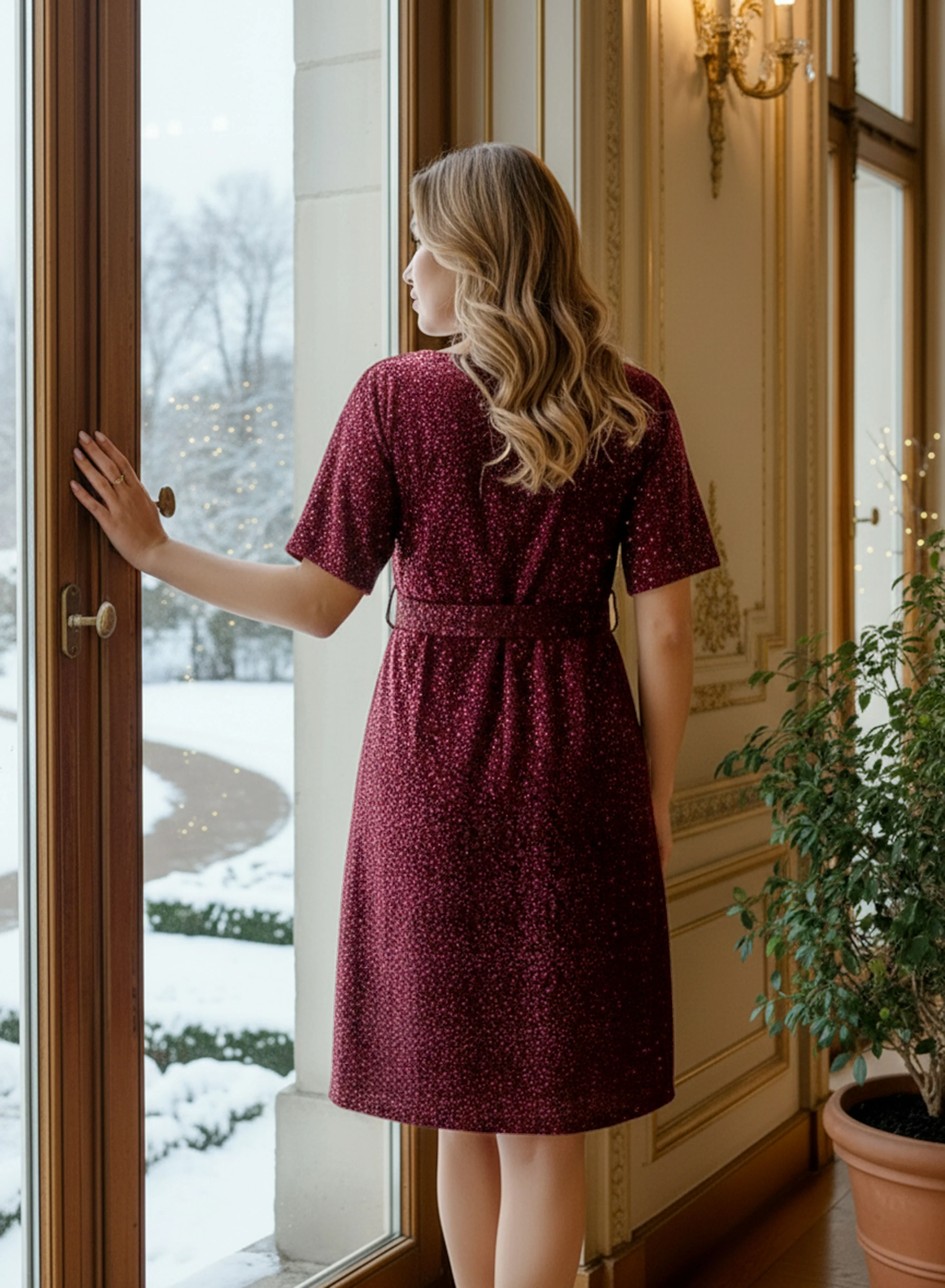 Abito bordeaux in paillettes con cintura - Image 2