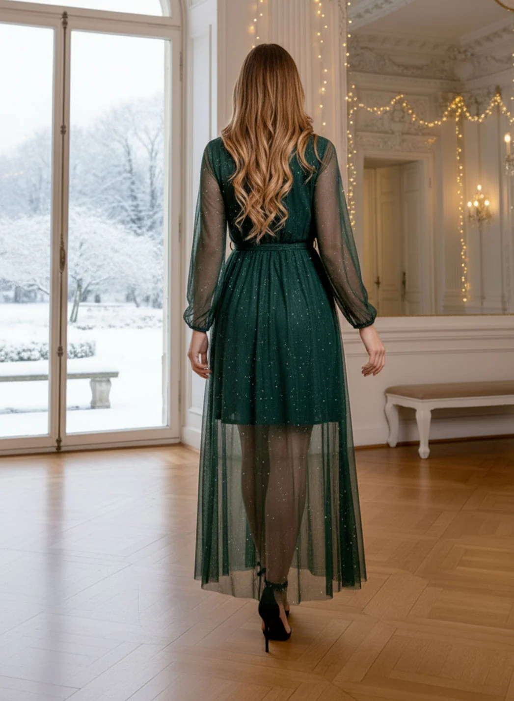Abito lungo verde in velo con glitter - Image 2
