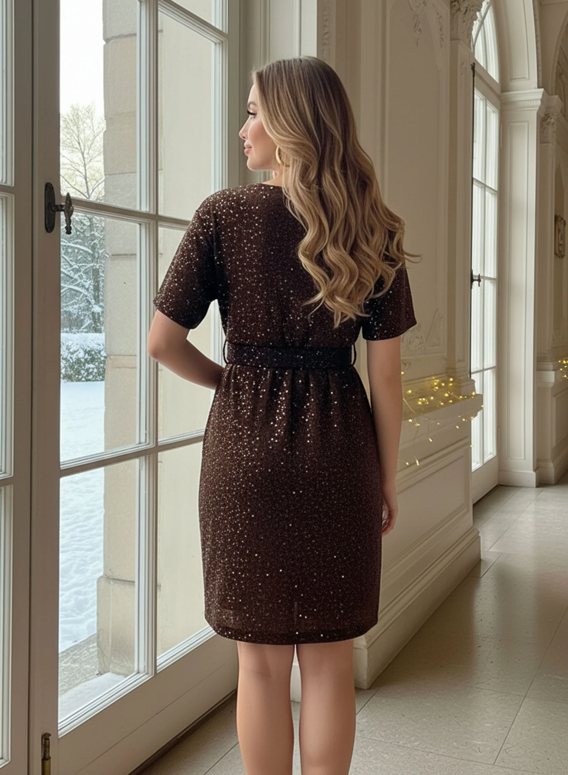 Abito marrone in paillettes con cintura - Image 3