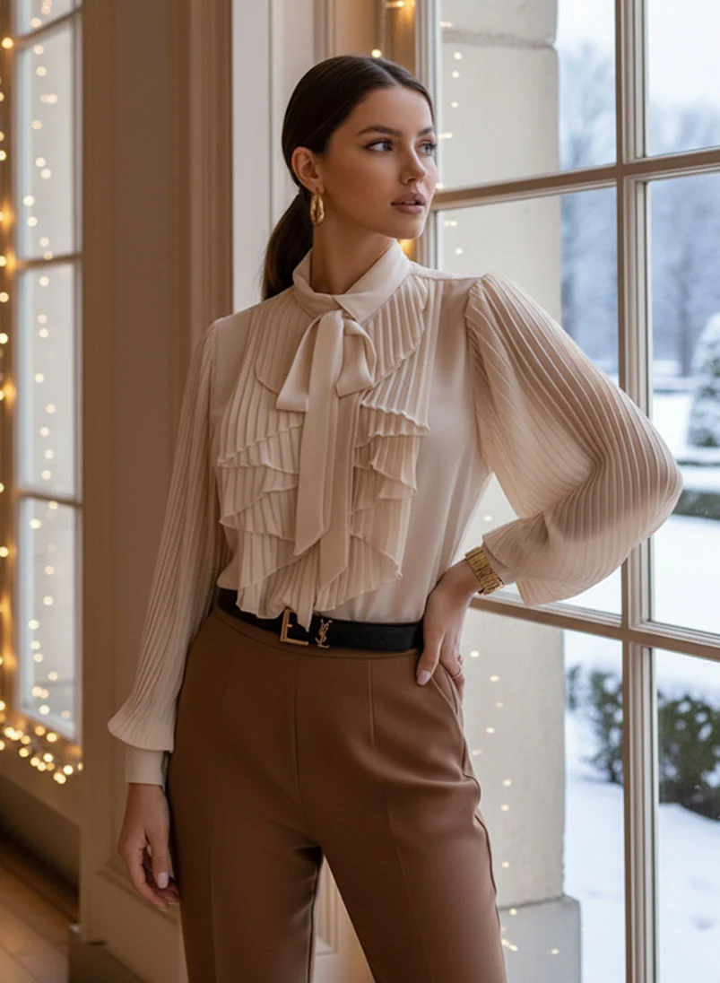 Camicia beige con rouches e plissè