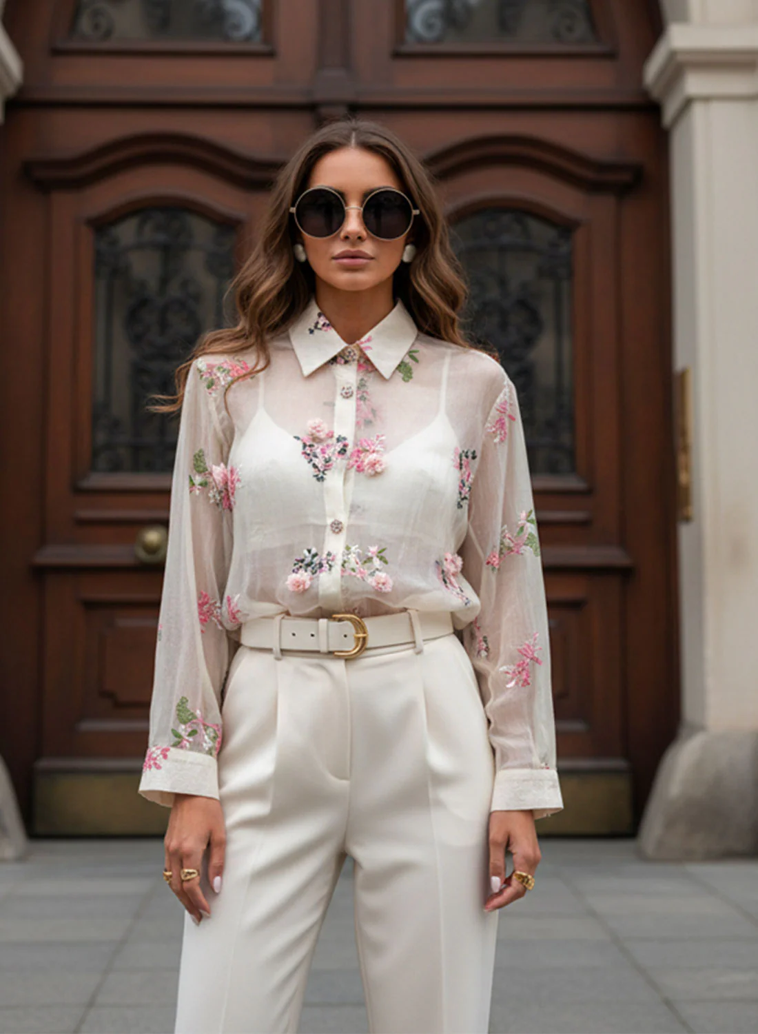 Camicia Donna Elegante in Tulle con Ricami Floreali 3D - Image 3