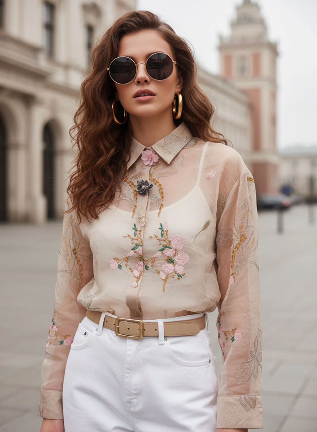 Camicia Donna in Organza rosa con fiori ricamati