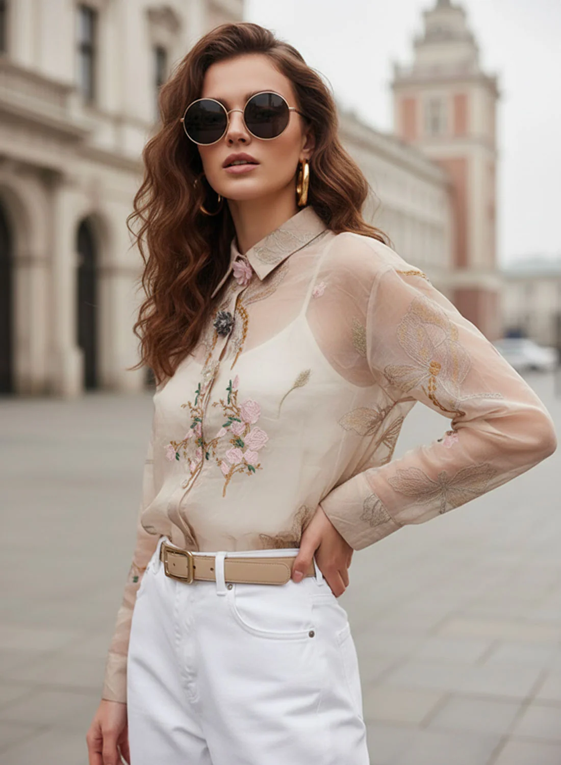 Camicia Donna in Organza rosa con fiori ricamati - Image 3