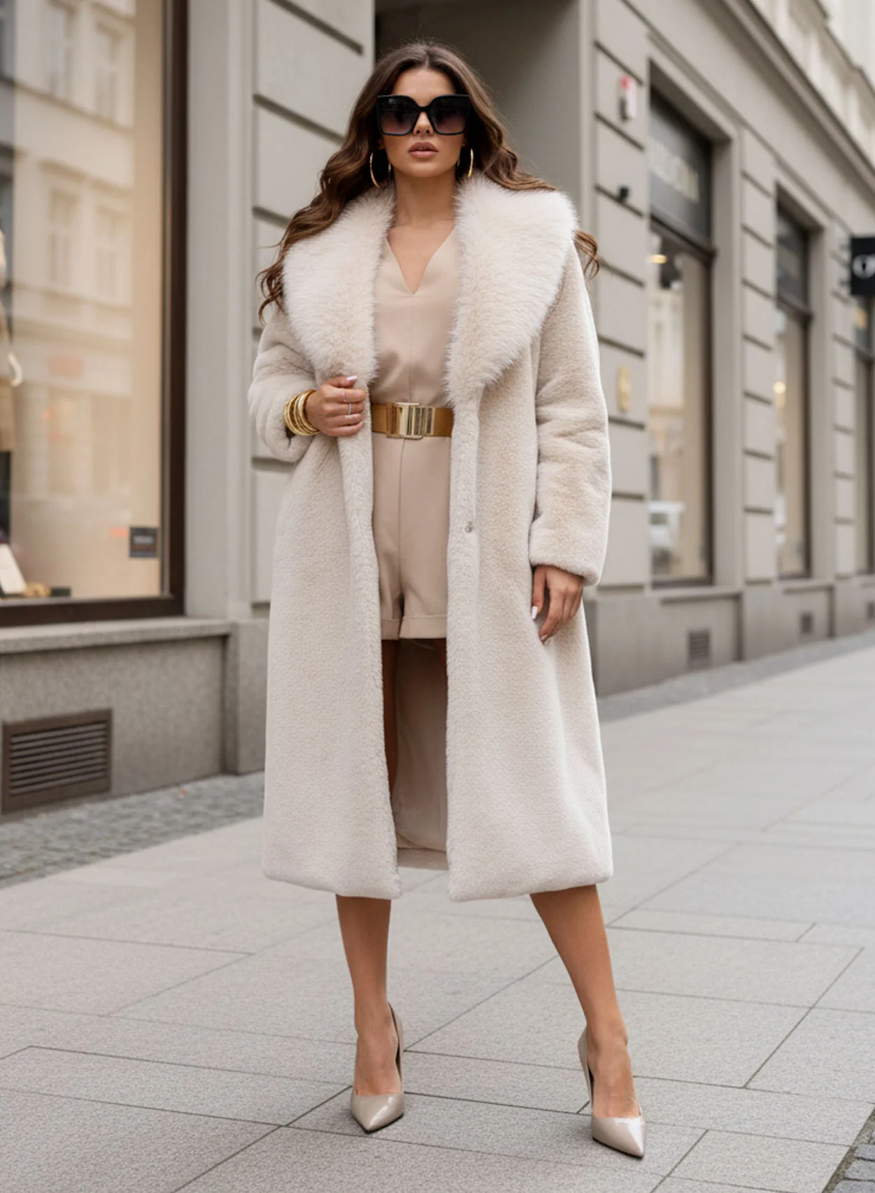 Cappotto beige in pelliccia sintetica