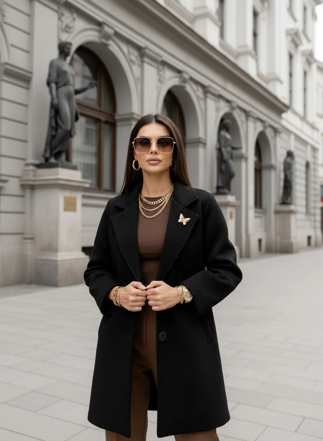 Cappotto nero con bottone nero e spilla