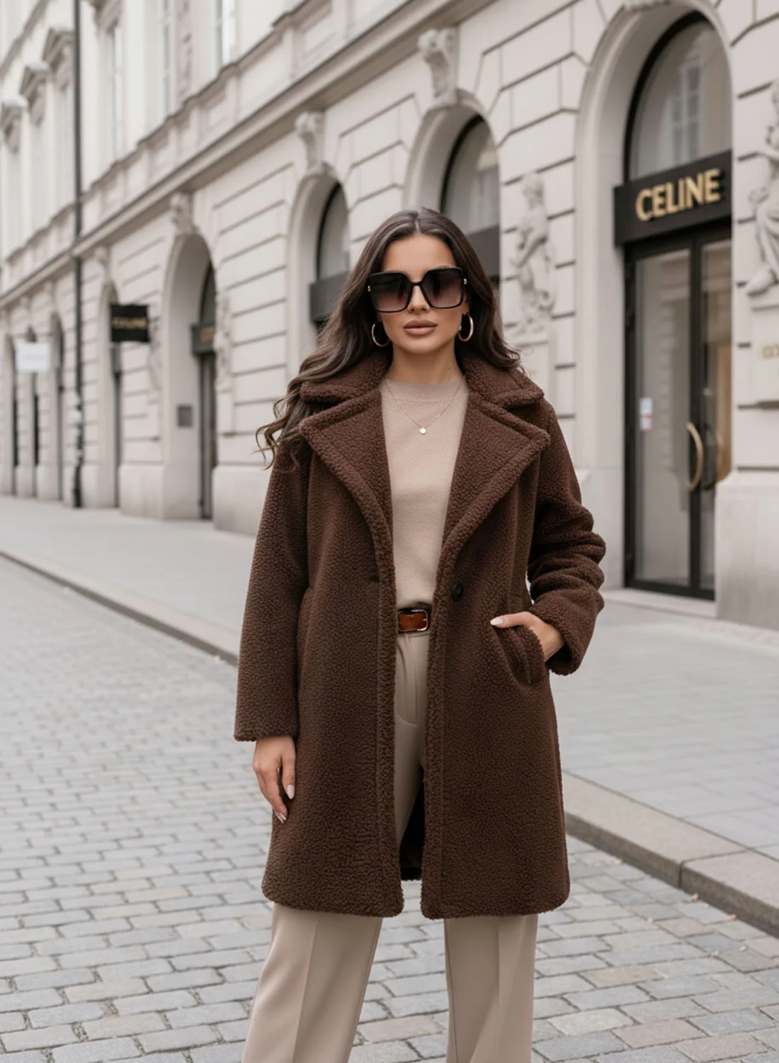 Cappotto teddy marrone con tasche e bottone - Image 2