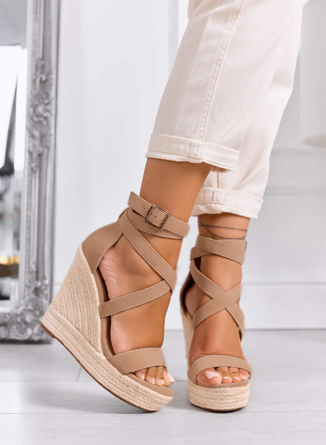 CARACAS - Sandali espadrillas fango con zeppa alta e cinturini incrociati