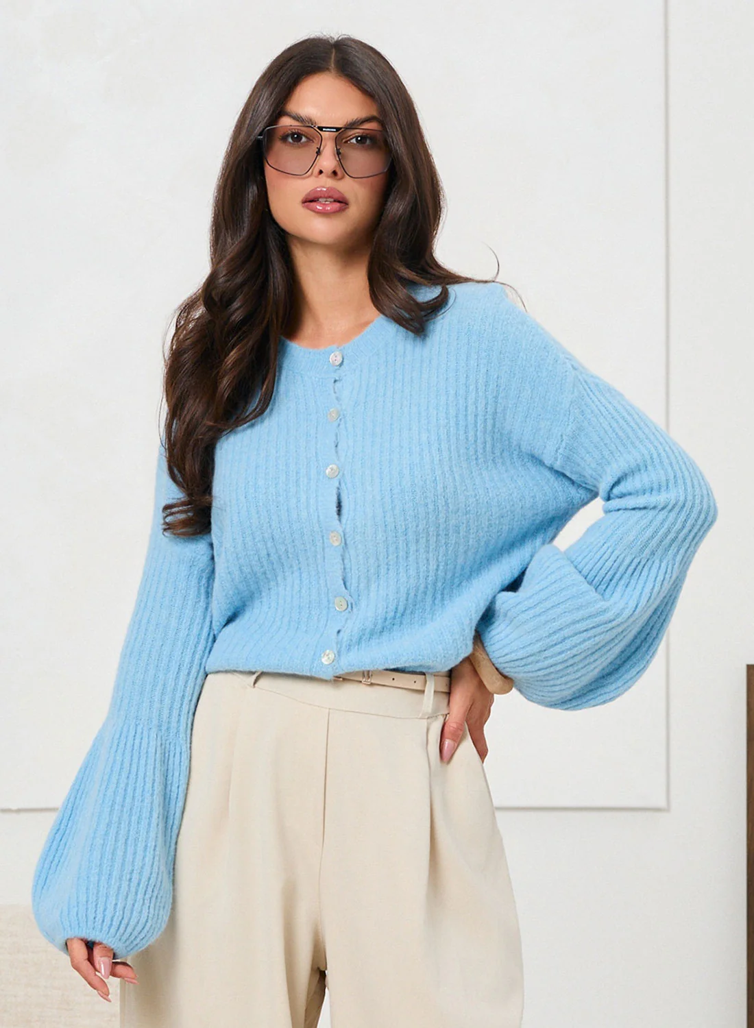 Cardigan Azzurro a Costine con Bottoni e Maniche Morbide