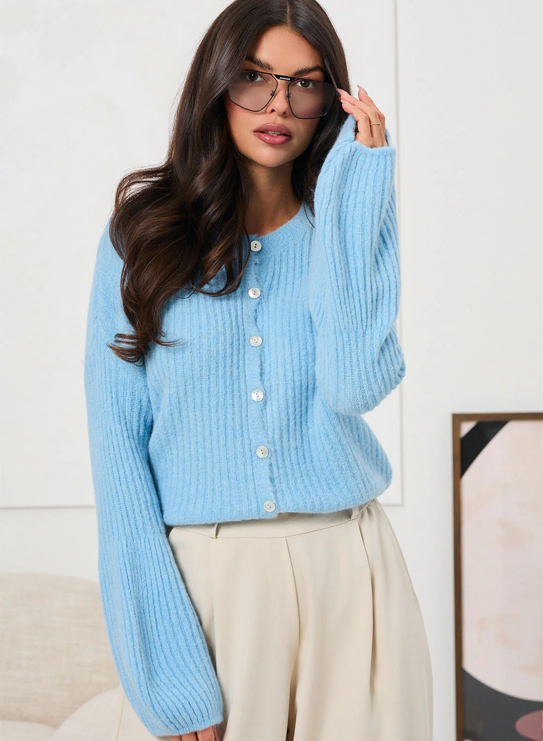 Cardigan Azzurro a Costine con Bottoni e Maniche Morbide - Image 3