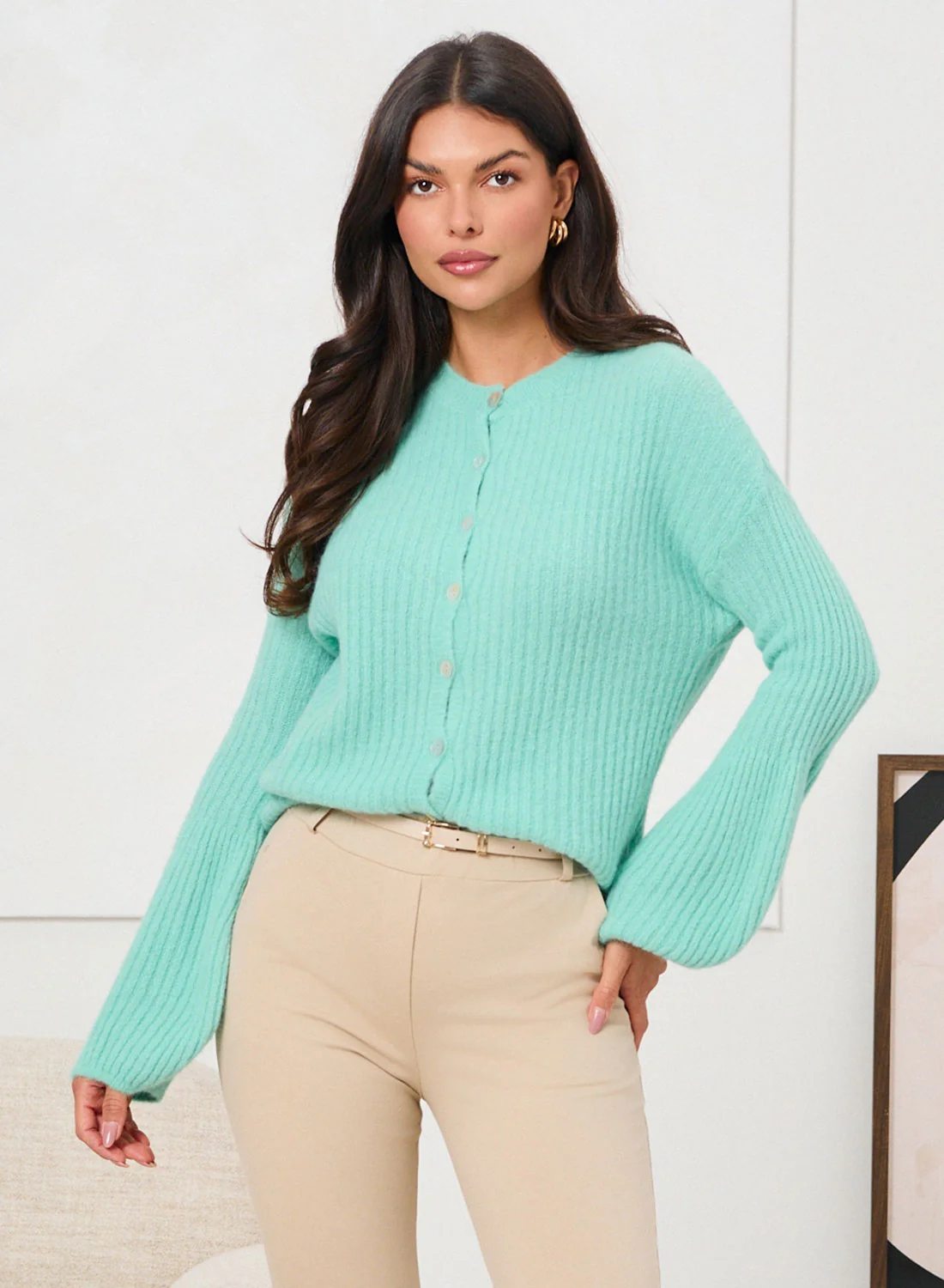Cardigan Verde Acqua a Costine con Bottoni e Maniche Morbide