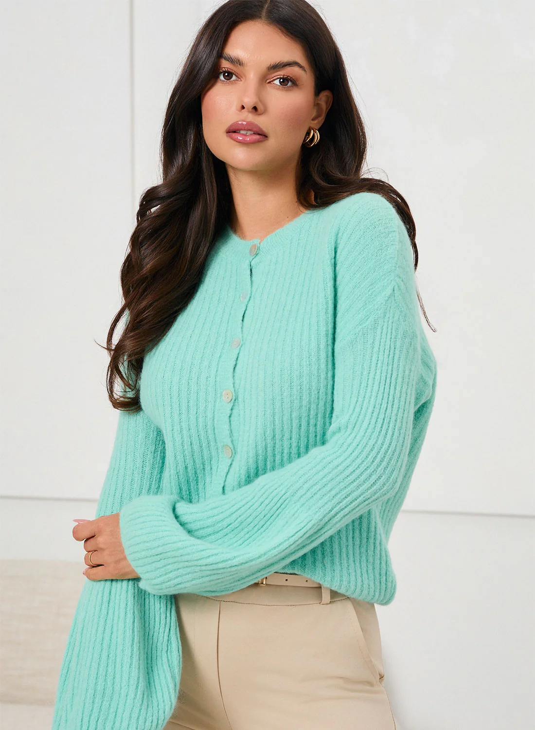 Cardigan Verde Acqua a Costine con Bottoni e Maniche Morbide - Image 2