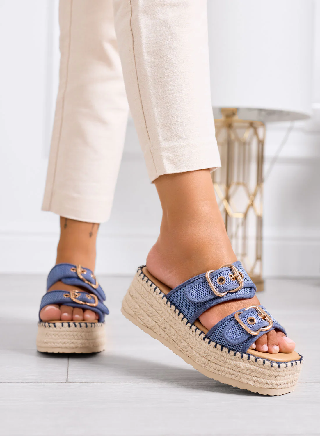 CAROLINA - Sandali platform blu in tessuto con doppia fibbia e suola in corda