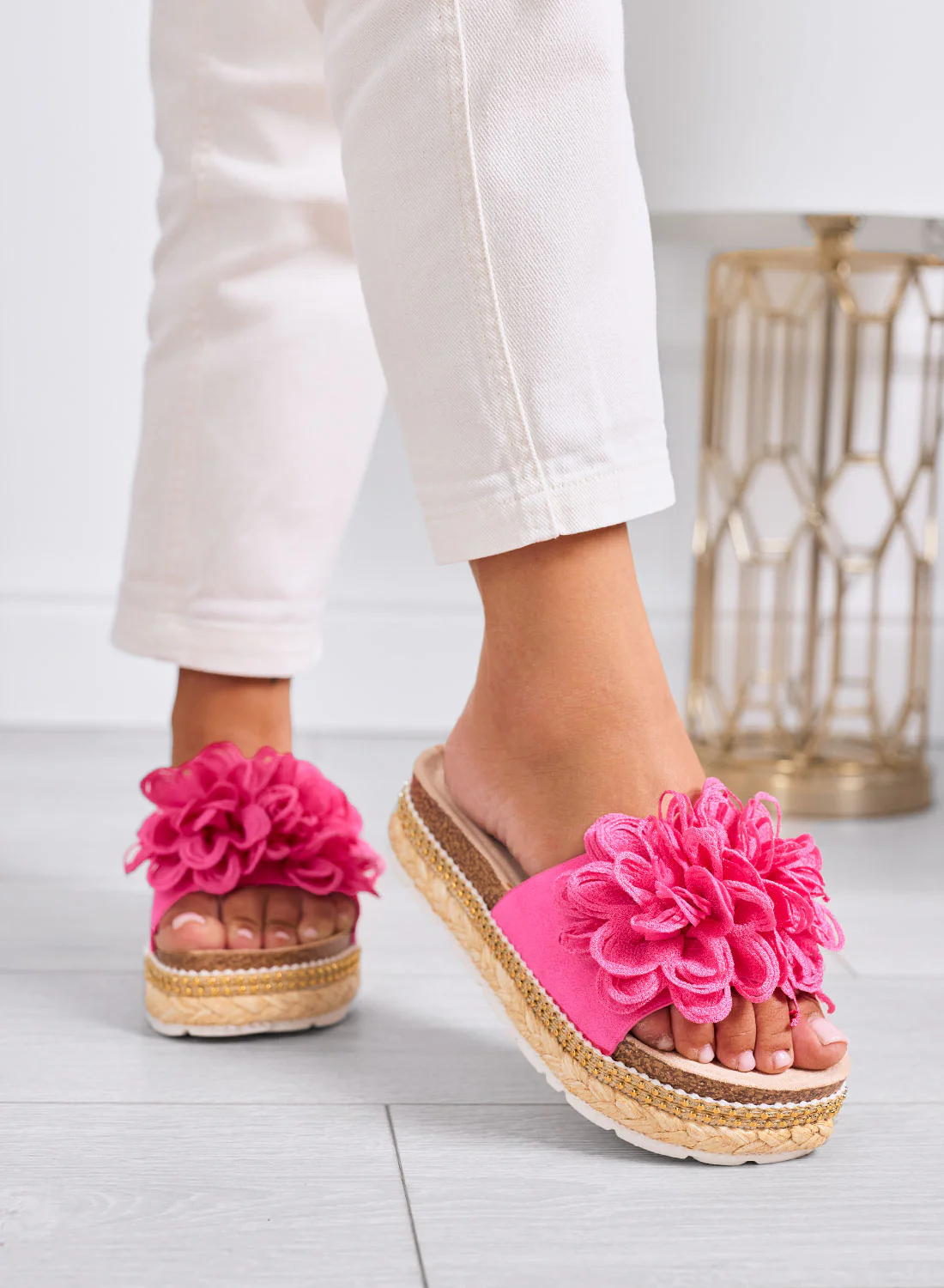 ELEONORA - Sandali Ciabatte fucsia con maxi fiore e suola platform in corda