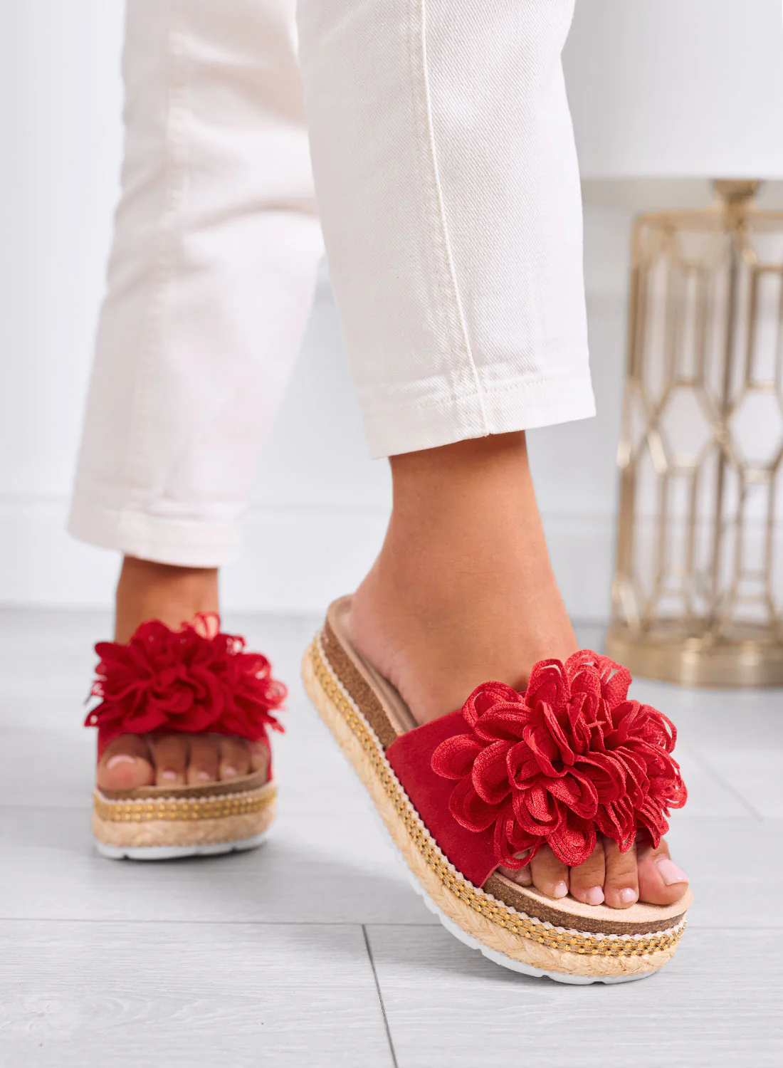 ELEONORA - Sandali Ciabatte rosse con maxi fiore e suola platform in corda
