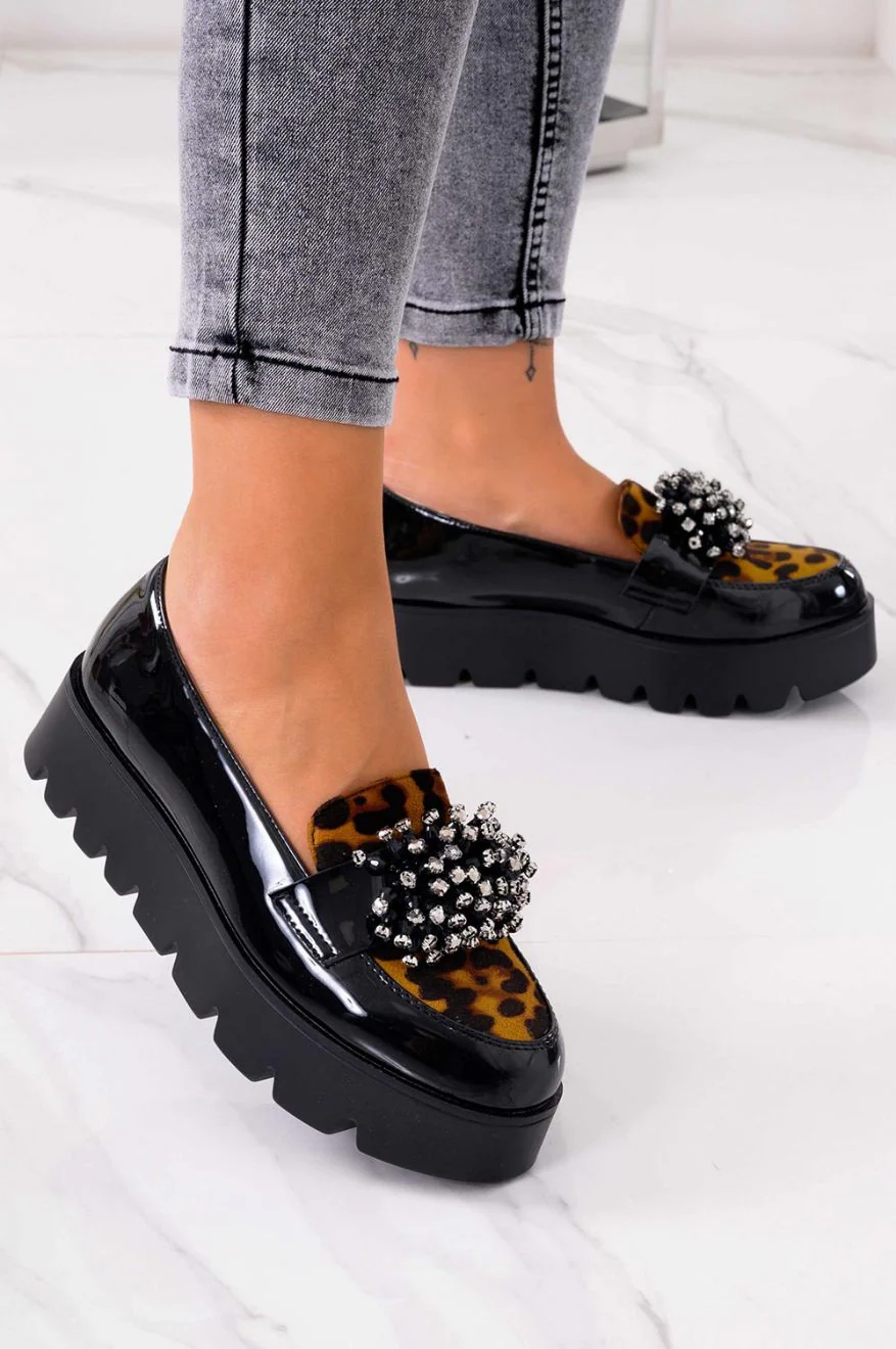 JESSY - Francesine nere in vernice con inserti maculati e strass