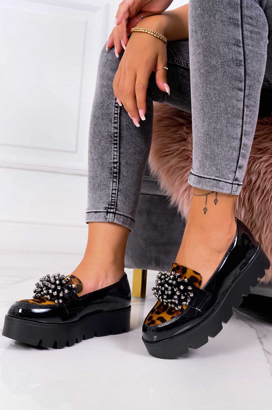 JESSY - Francesine nere in vernice con inserti maculati e strass - Image 2