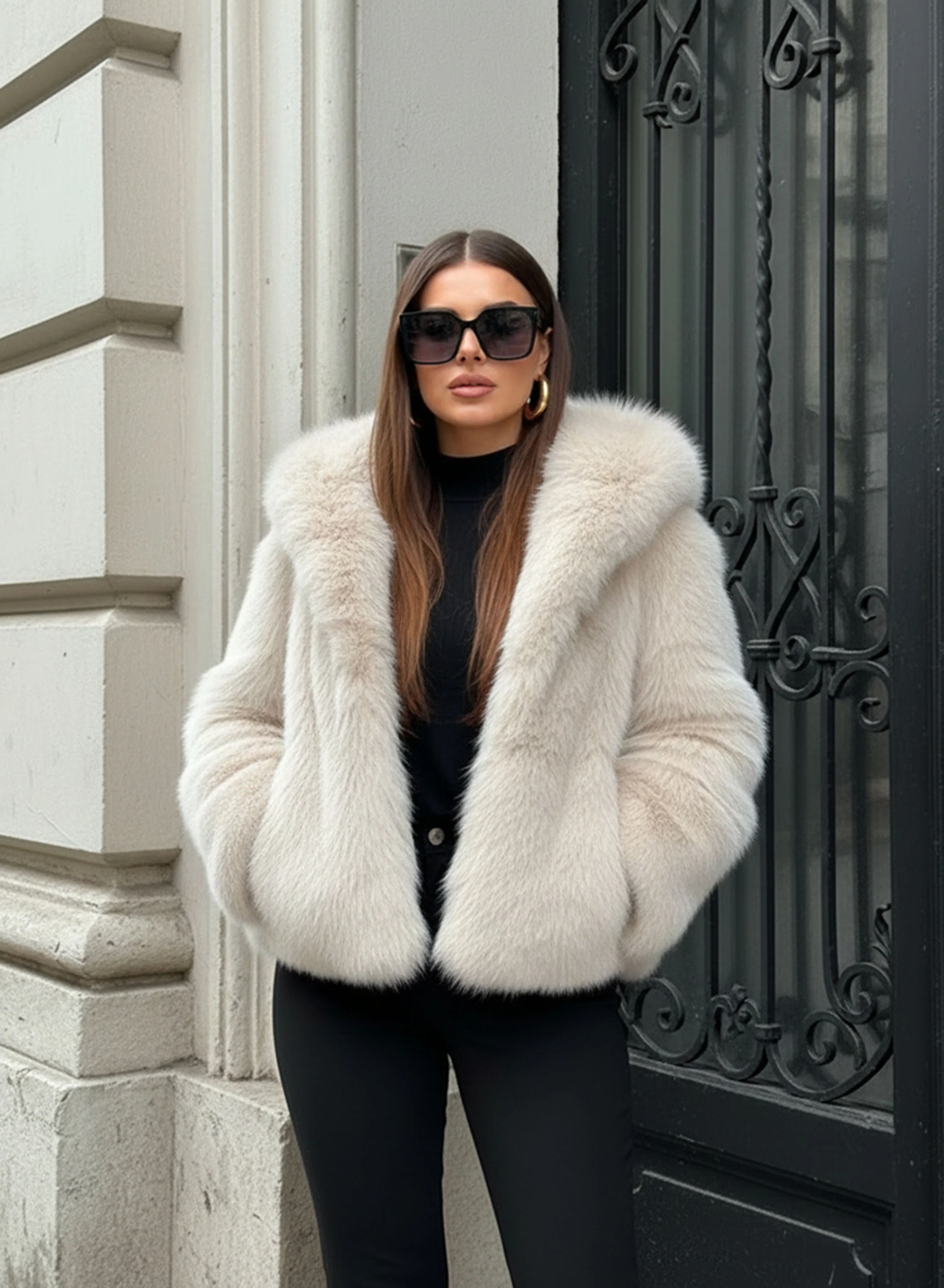 Giacca beige in ecopelliccia con cappuccio - Image 2