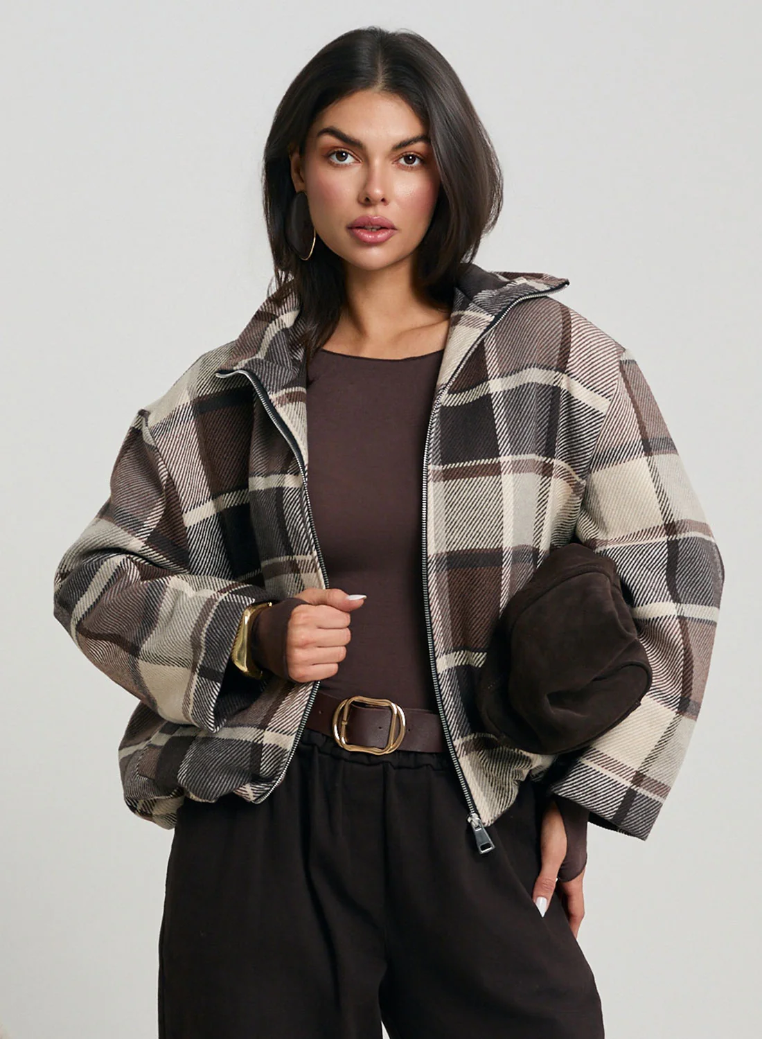 Giacca bomber a quadri marrone e beige - Image 2