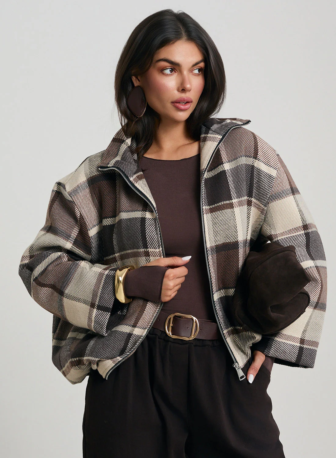 Giacca bomber a quadri marrone e beige - Image 3