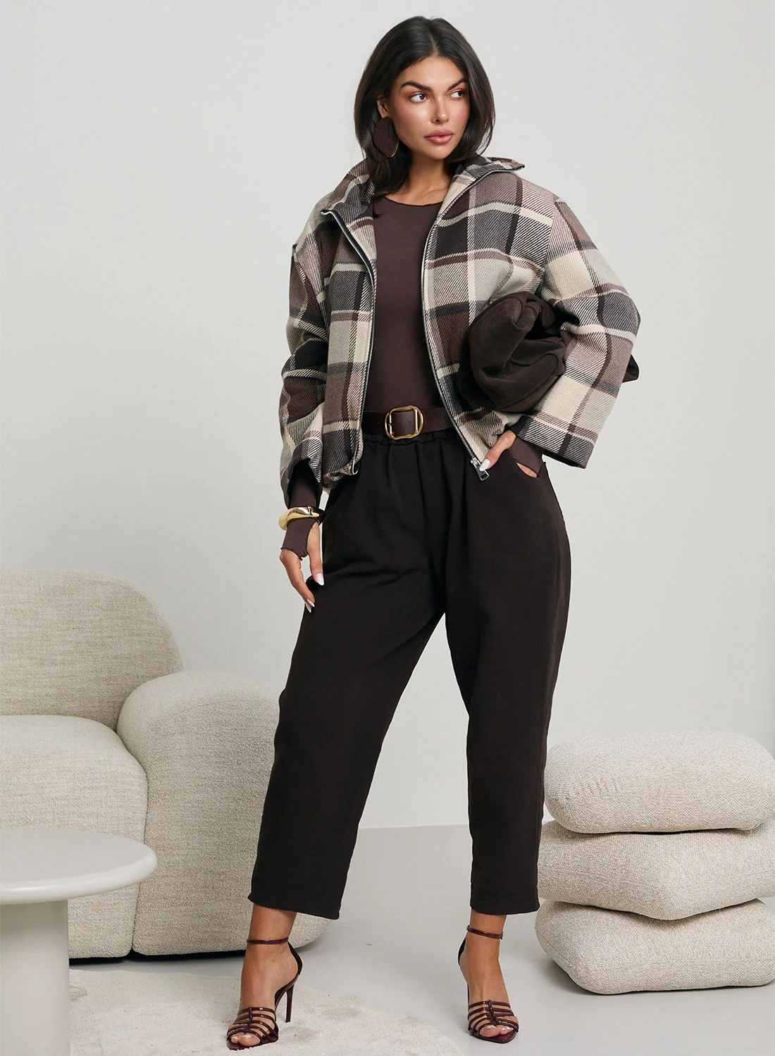 Giacca bomber a quadri marrone e beige - Image 4