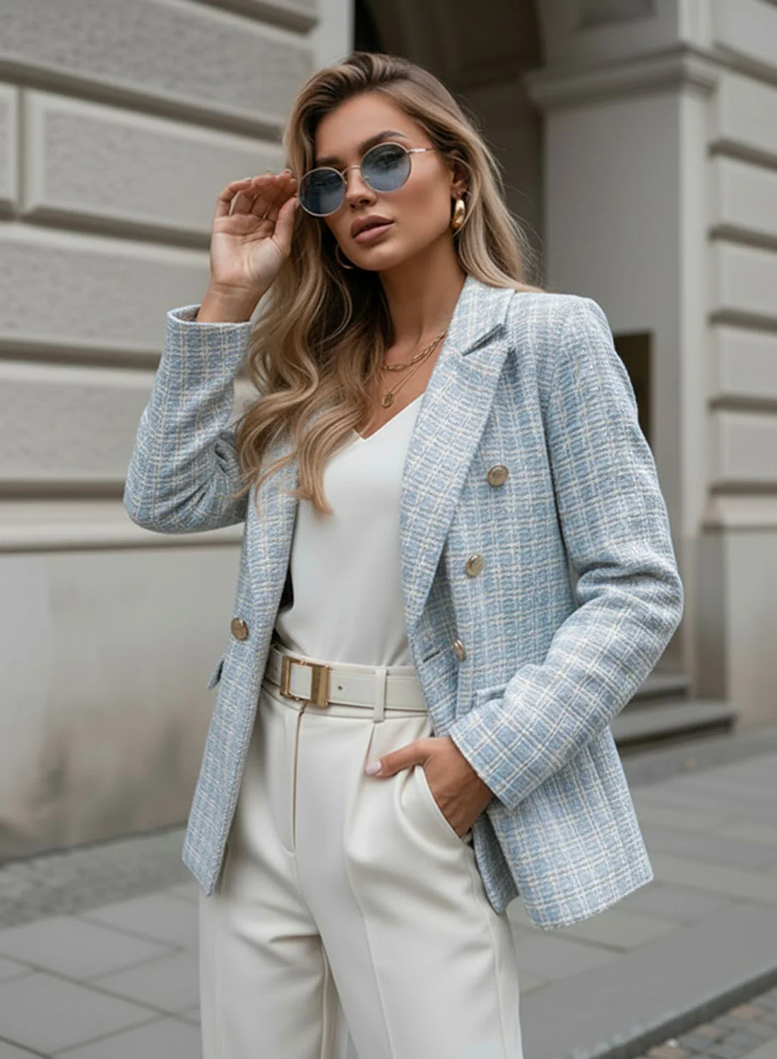 Giacca Donna a Fantasia Tweed bianco e azzurro con Bottoni oro - Image 3