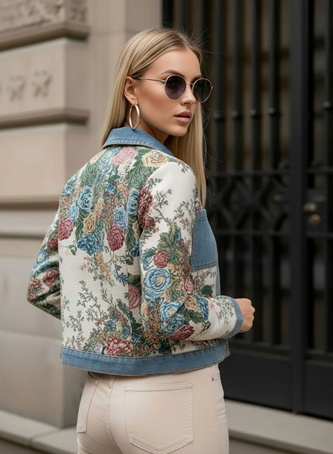 Giacca in denim con tessuto jacquard floreale - Image 2