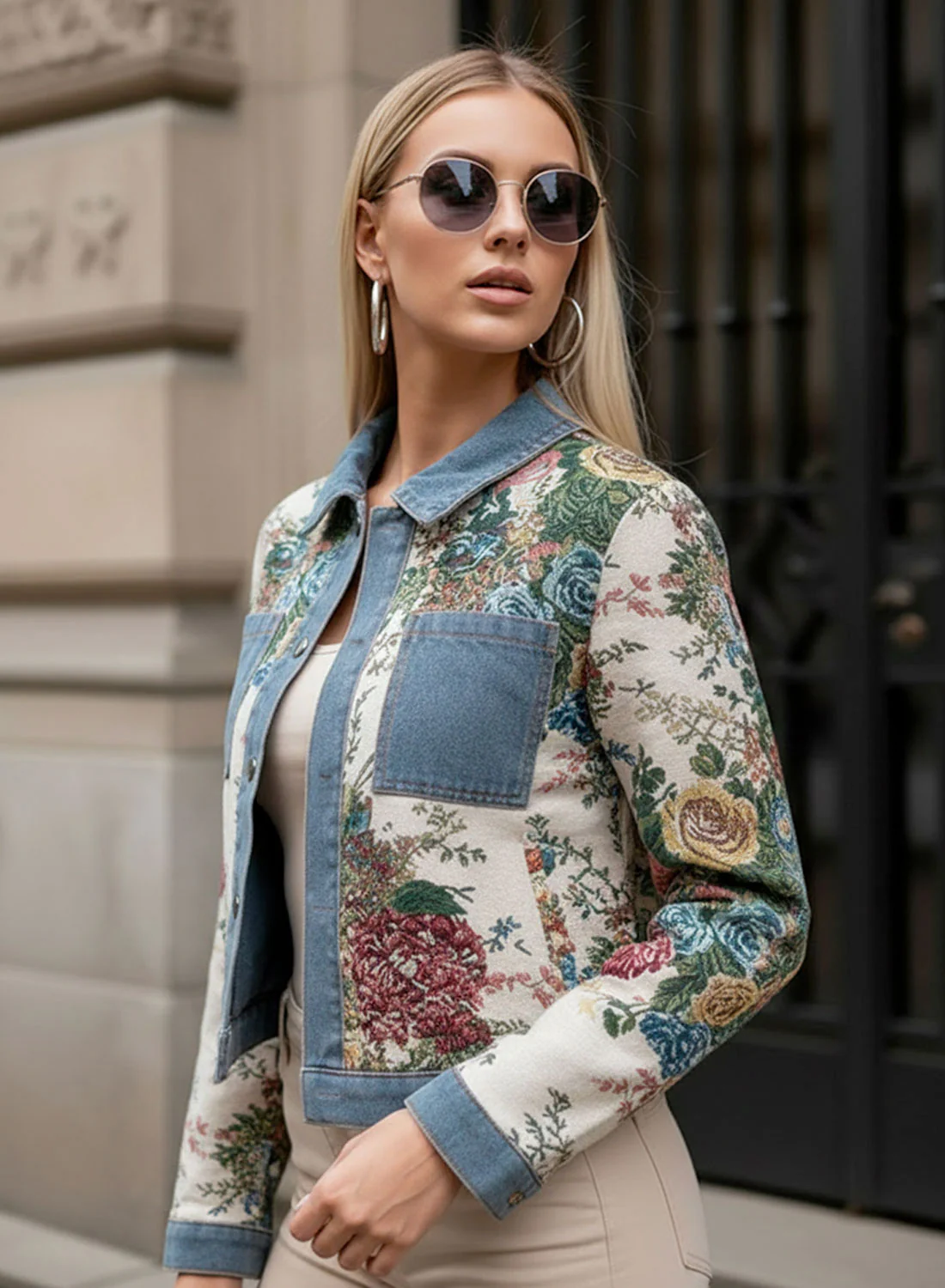Giacca in denim con tessuto jacquard floreale - Image 3