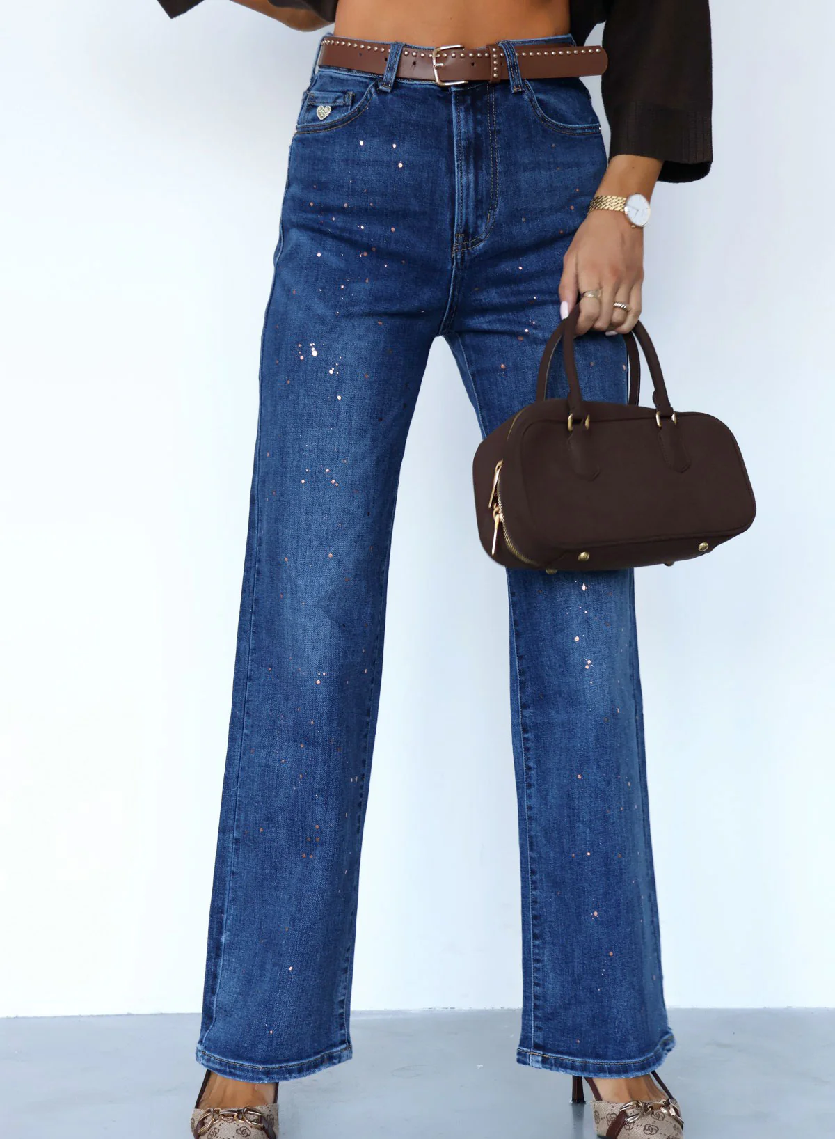 Jeans donna a gamba dritta blu con dettagli luminosi glitter - Image 3