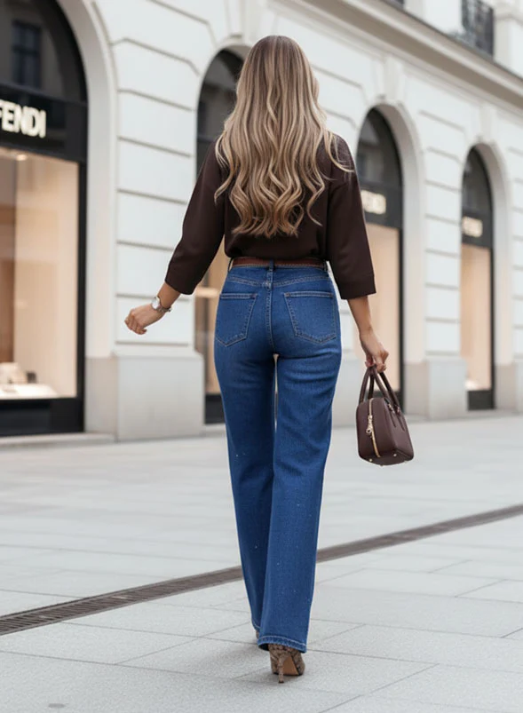 Jeans donna a gamba dritta blu con dettagli luminosi glitter - Image 4