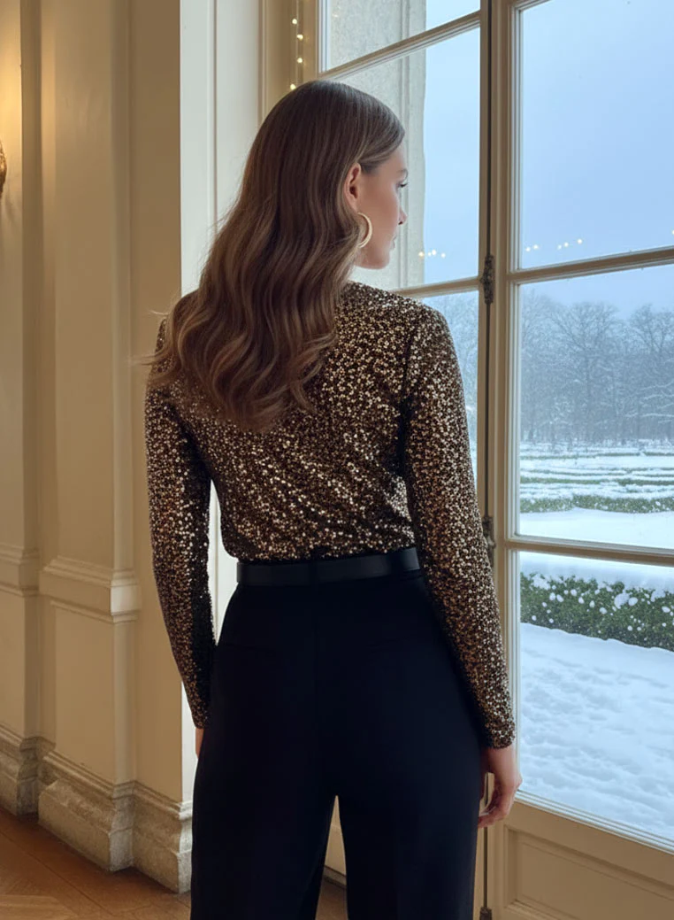 Maglia Body oro in Paillettes con scollo a V - Image 2