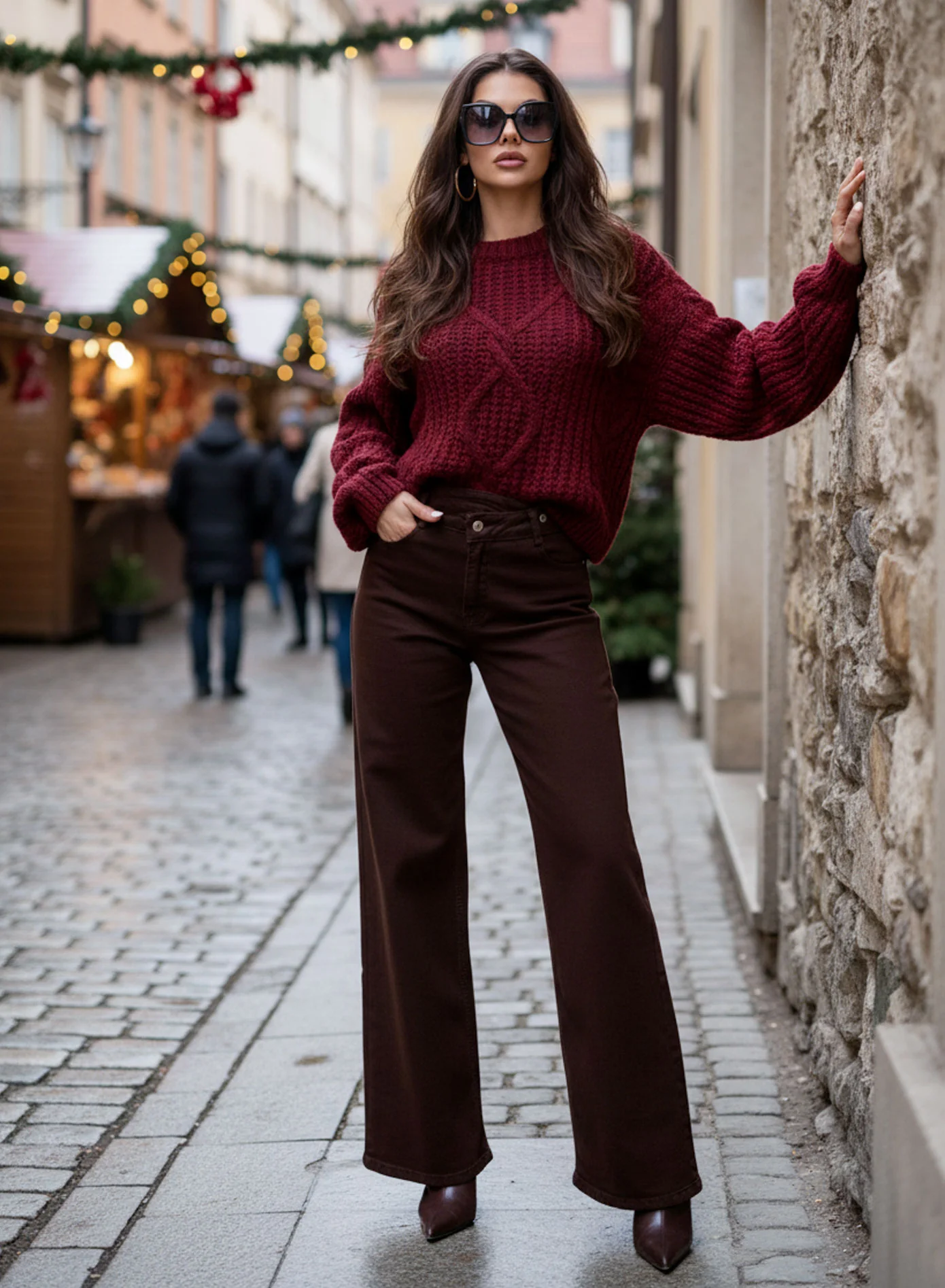 Maglione bordeaux morbido a trama intrecciata - Image 4