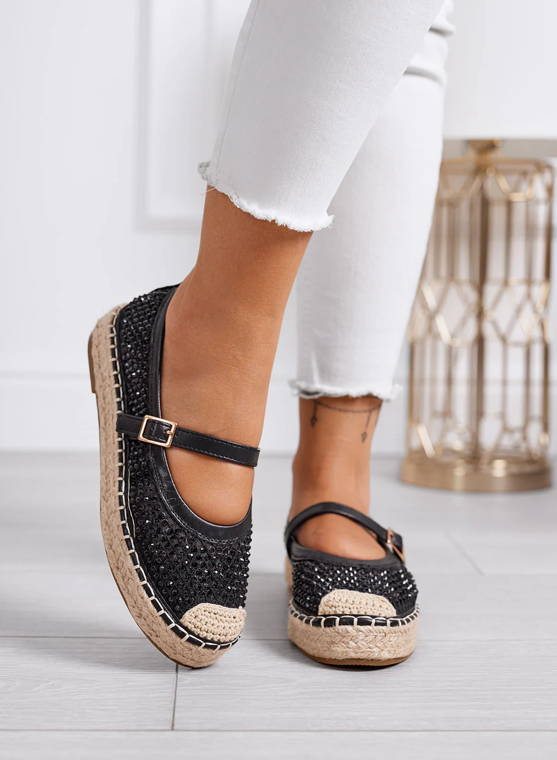 MARIKA - Espadrillas nere con strass e cinturino su suola in corda - Image 2