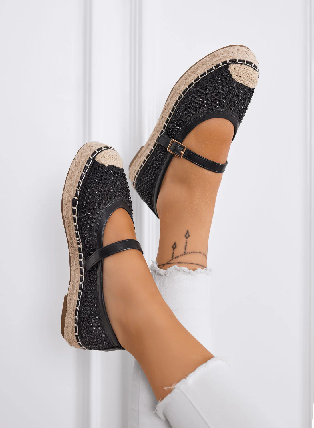 MARIKA - Espadrillas nere con strass e cinturino su suola in corda - Image 3