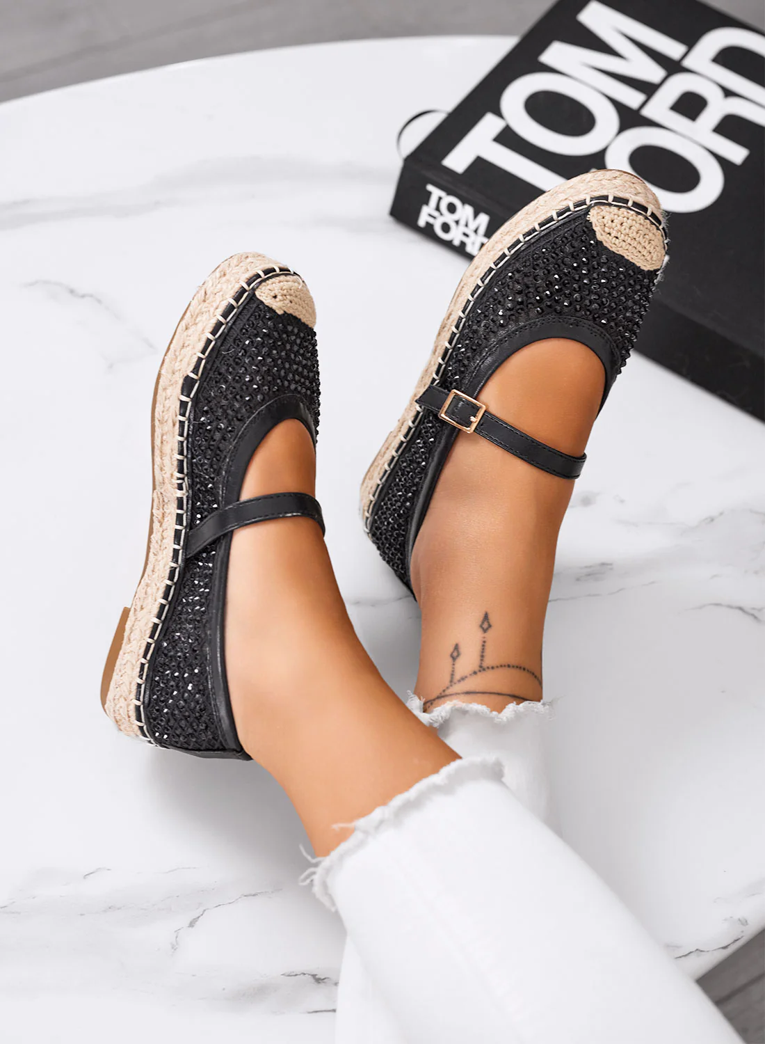 MARIKA - Espadrillas nere con strass e cinturino su suola in corda - Image 4