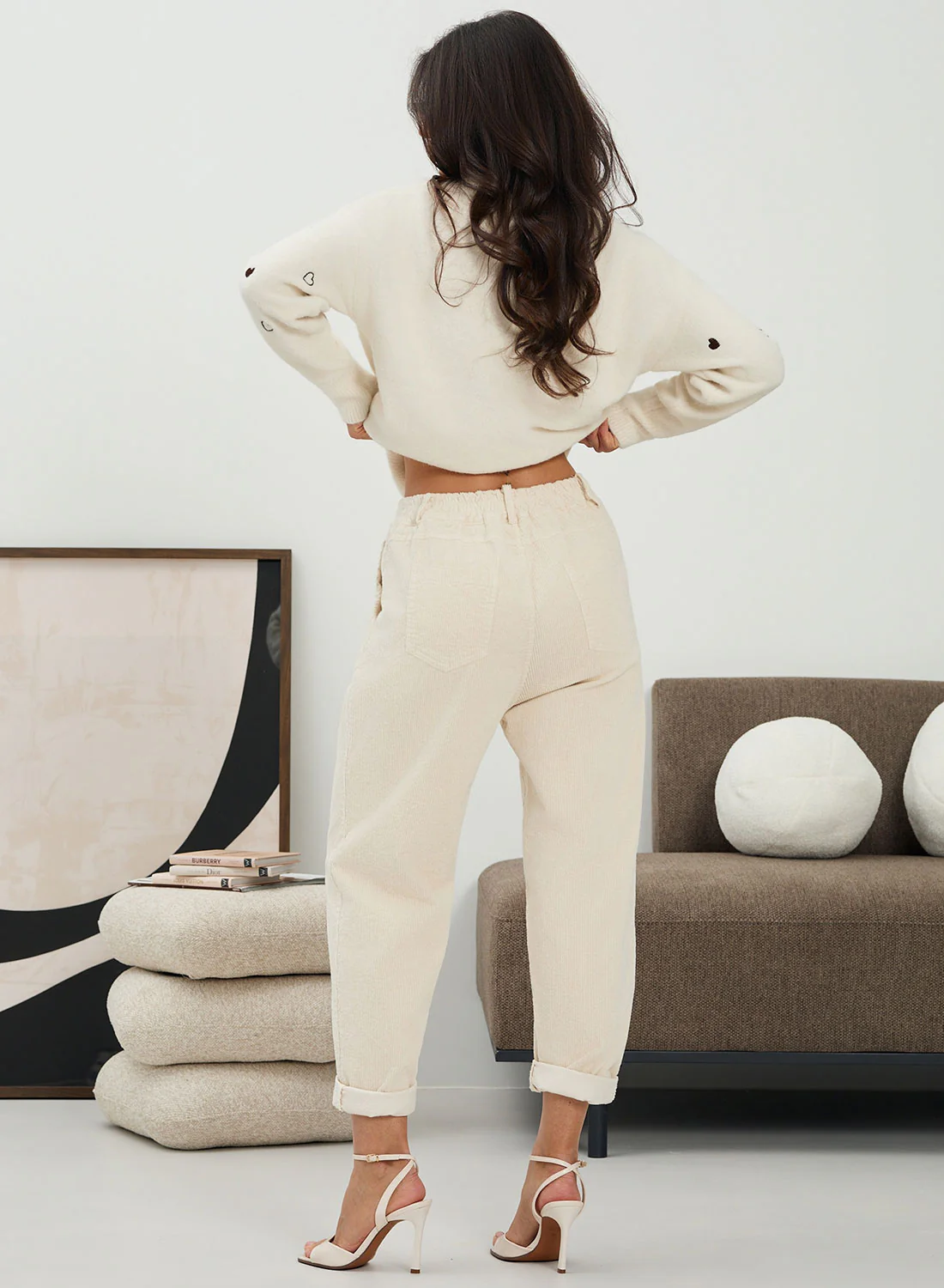 Pantalone Beige vita alta in velluto a costine - Image 2