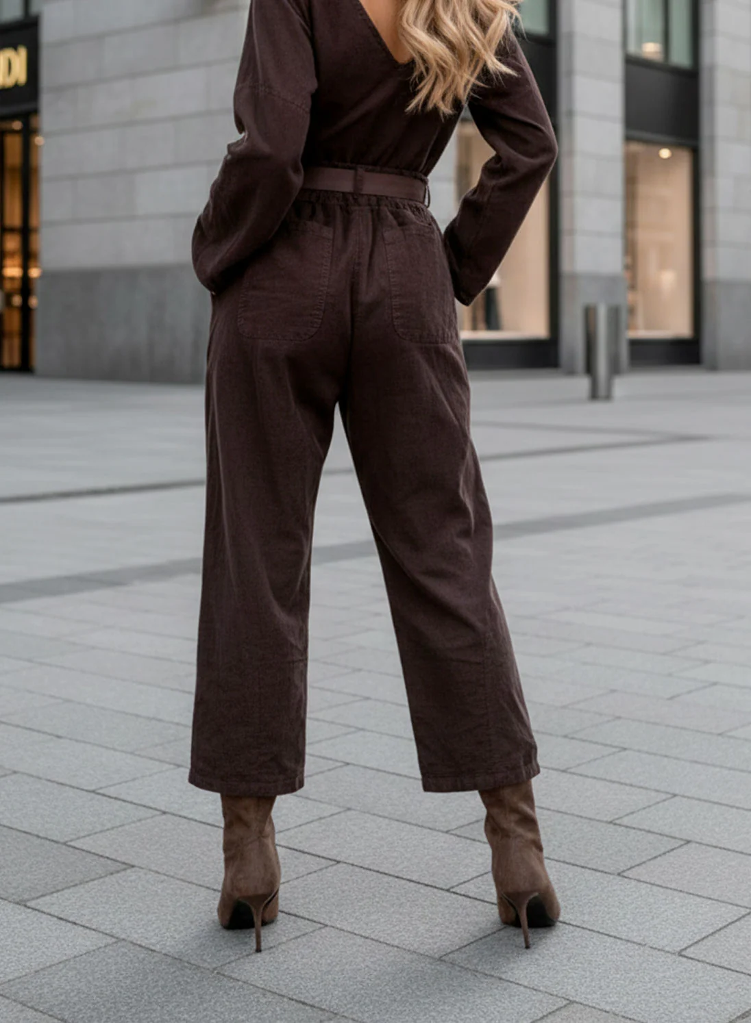 Pantalone marrone a costine con cintura - Image 2