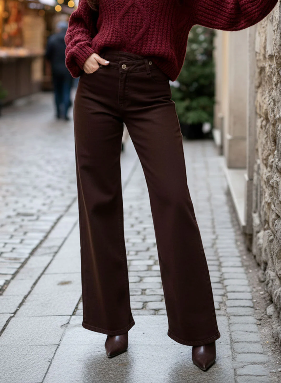 Pantalone Marrone a Gamba Larga con Vita Alta - Image 2
