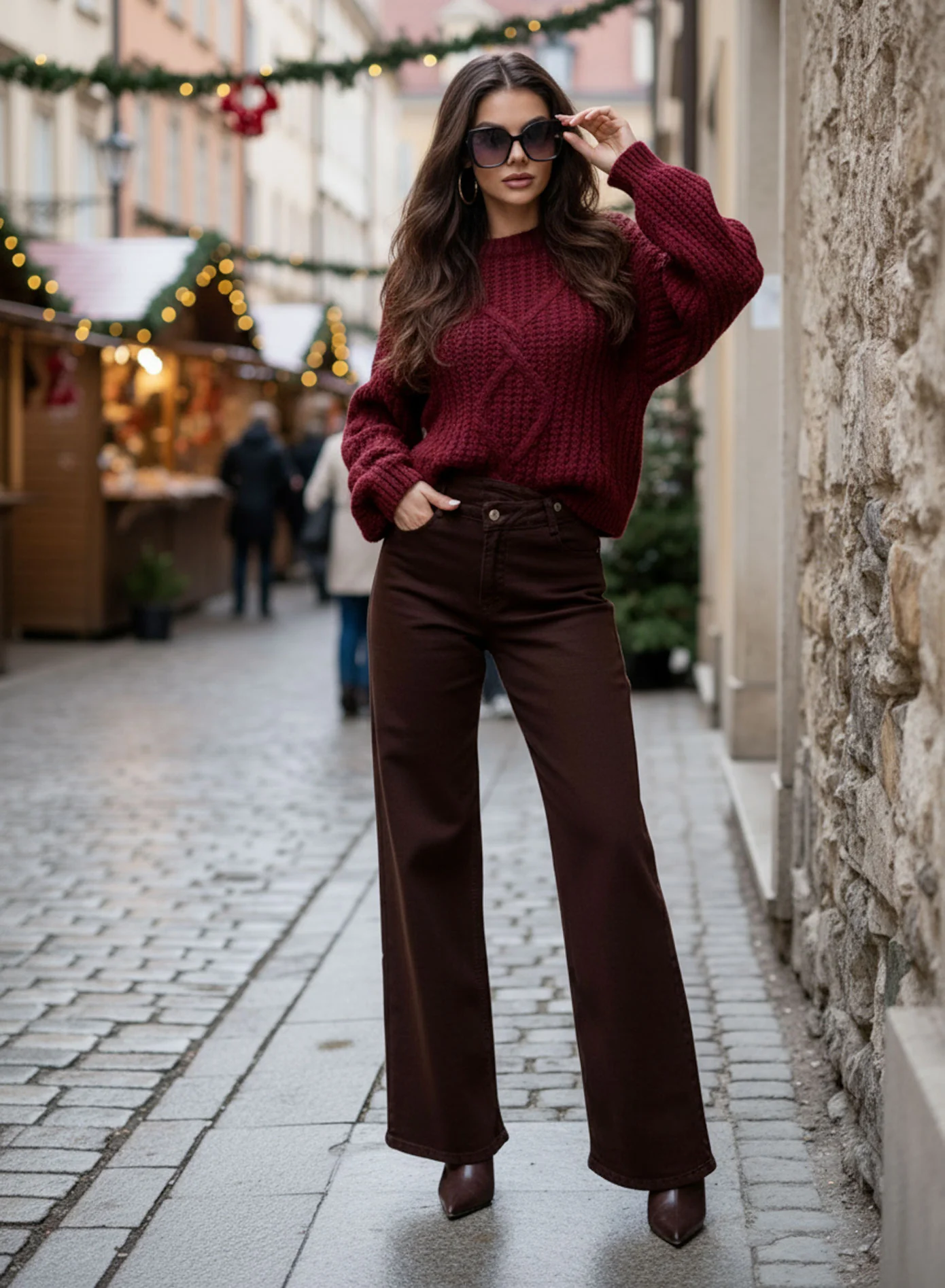 Pantalone Marrone a Gamba Larga con Vita Alta - Image 4