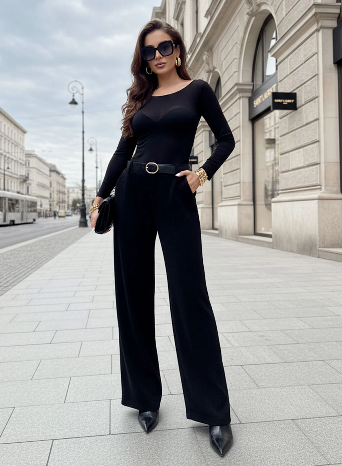 Pantalone Morbido nero a Vita Alta con Cintura