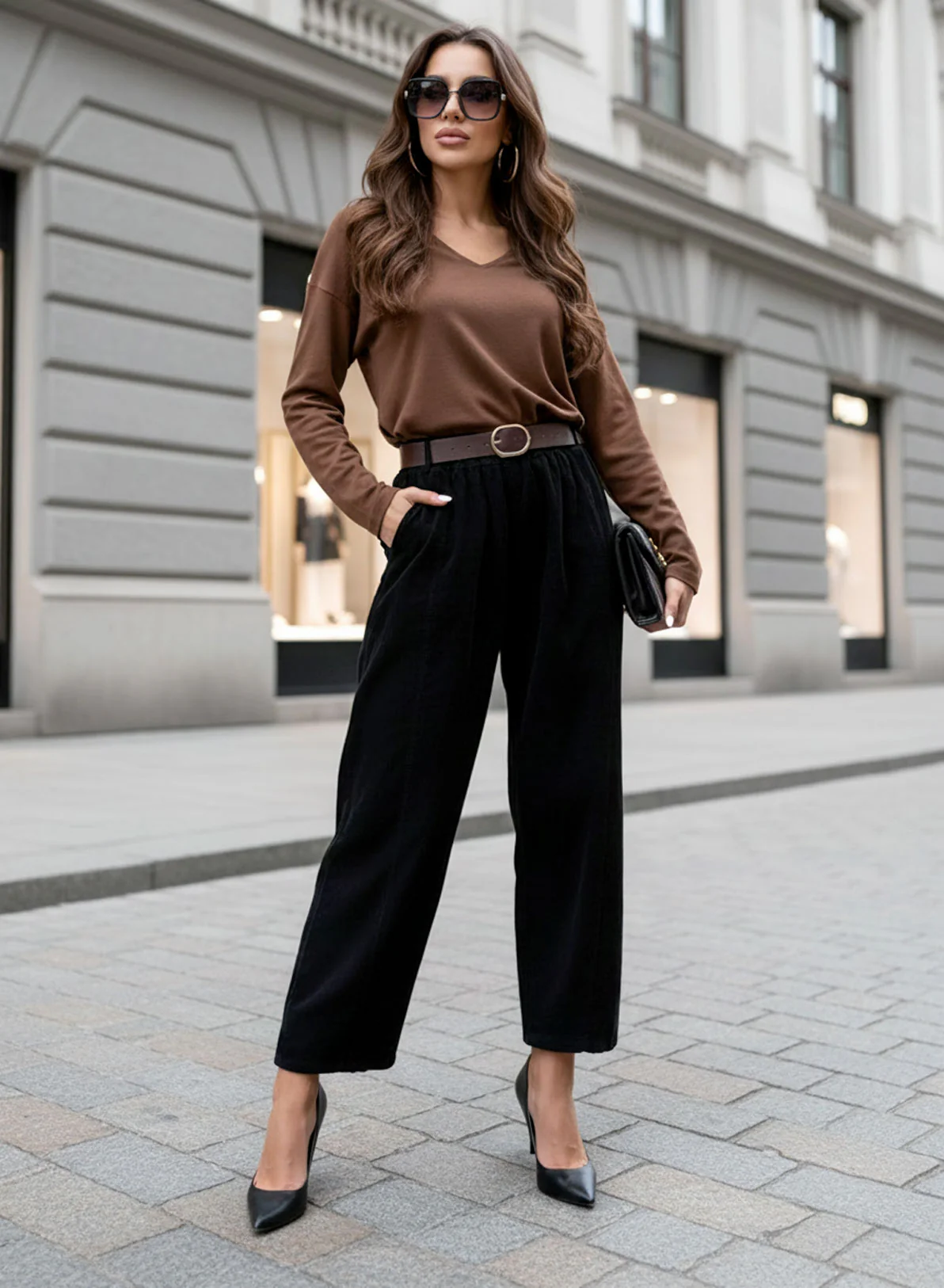 Pantalone nero a costine con cintura - Image 3