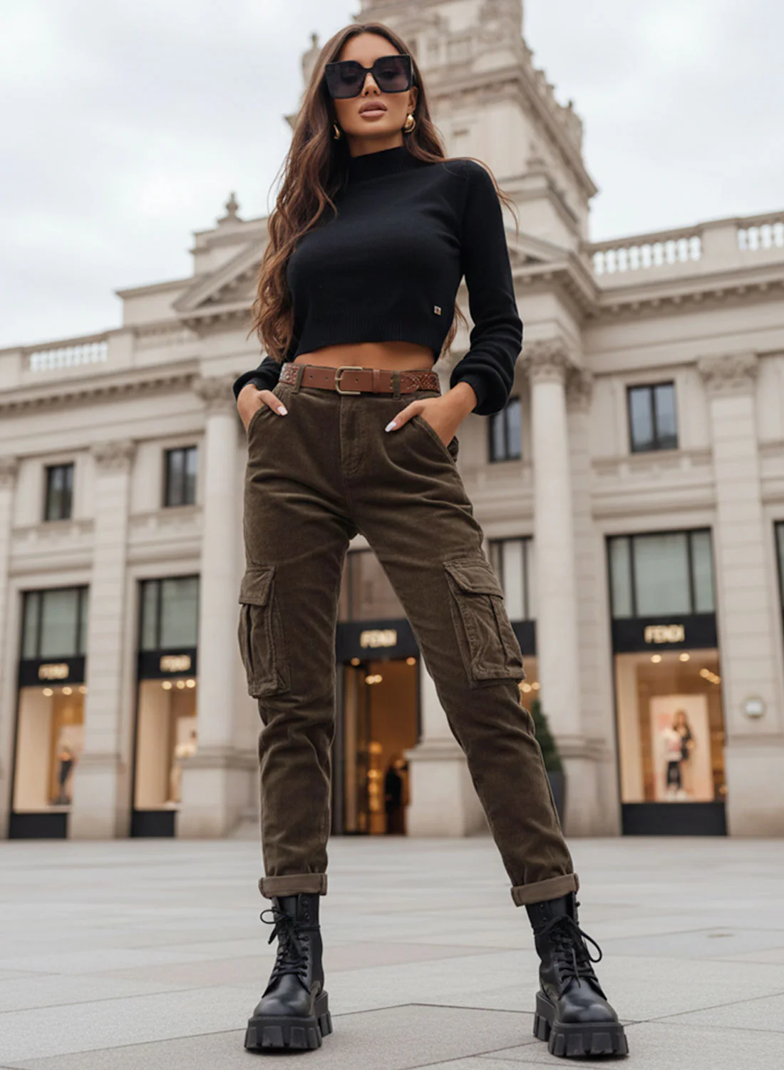 Pantalone verde a costine con tasche laterali