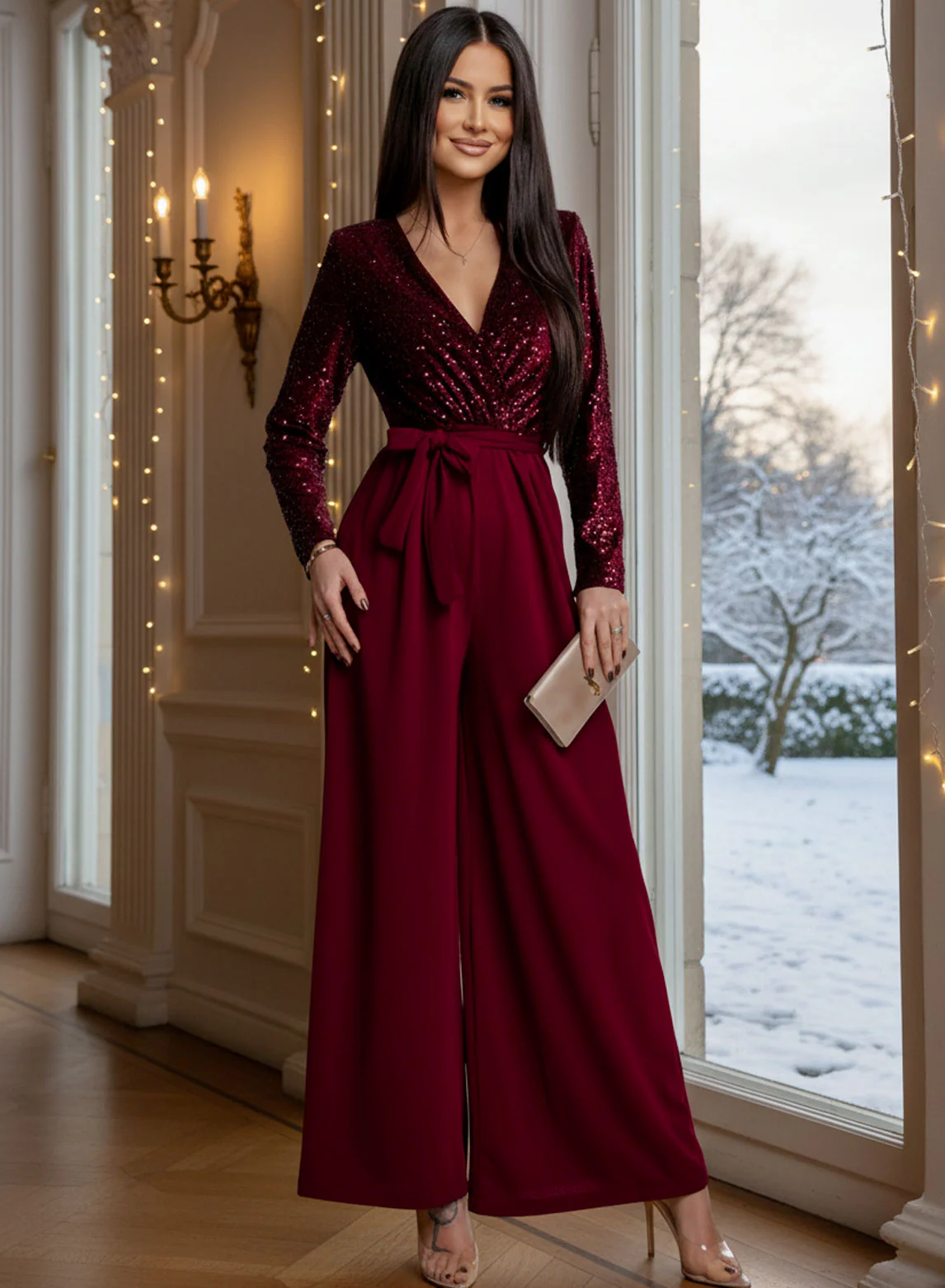 Tuta lunga bordeaux con top in paillettes