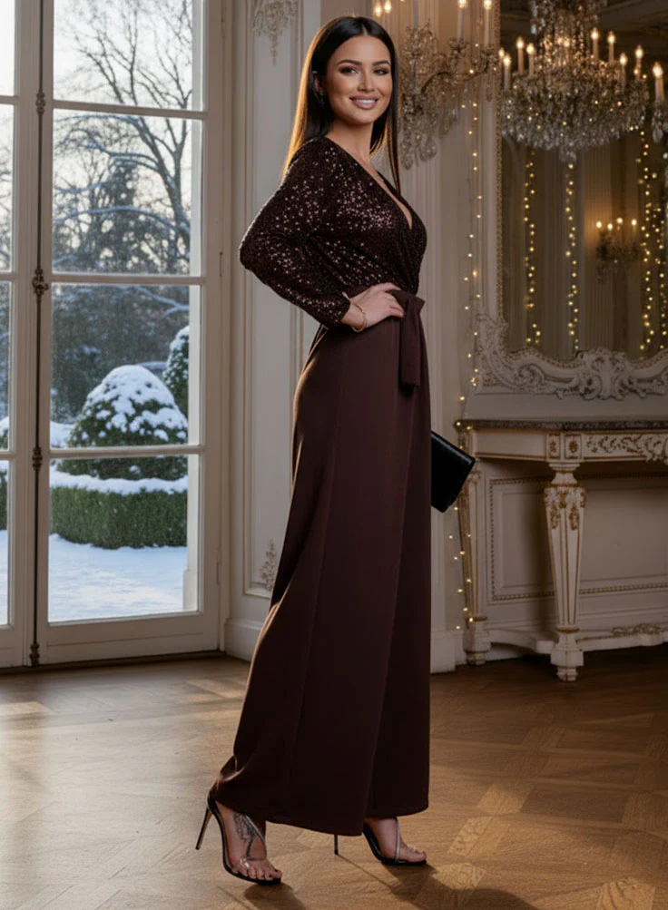 Tuta lunga marrone con top in paillettes - Image 2