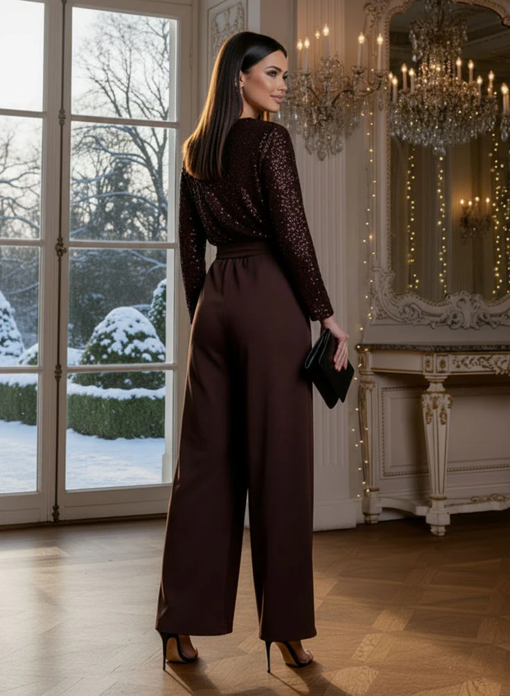 Tuta lunga marrone con top in paillettes - Image 3