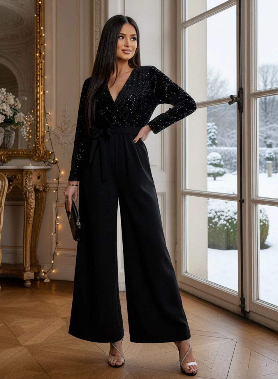 Tuta lunga nera con top in paillettes