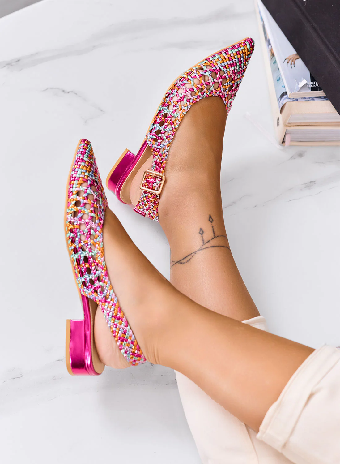 VILDAN - Ballerine slingback multicolor intrecciate con tacco basso fuxia